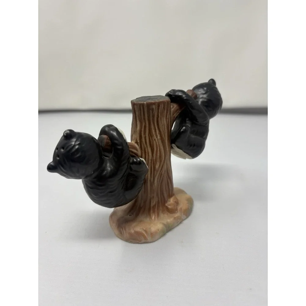 Vintage Japan Ceramic Black White Bear Cubs Hanging Tree Salt Pepper Shakers MCM